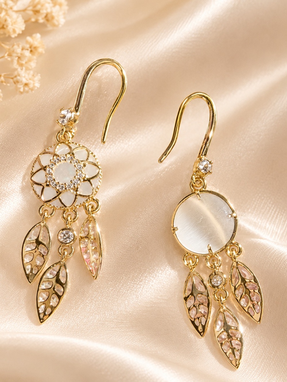 Gold Dreamcatcher Dainty Drop Earrings with Opal Accents
